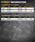 Fitment information for Toyota Corolla, Prius, Matrix 2003-2009 and Pontiac Vibe 2003-2008 with rear wheel drive details.