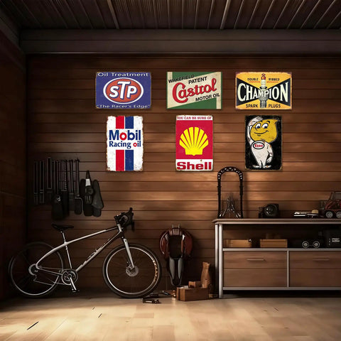 Kickass Vintage Metal Tin Signs Set Of Six Retro Garage Wall Decor Featuring Distressed Oil And Gas Station Prints For Awesome Man Cave Badass Automotive Wall Art, displayed on wooden wall in garage.