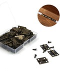 Fifty Piece Mini Bronze Butt Hinges With Two Hundred Matching Screws Top Shelf Gear For Diy Crafts Jewelry Boxes Wooden Cases And Dollhouse Builds Heavy Duty Hardware That Truly Holds Tight in a clear box.