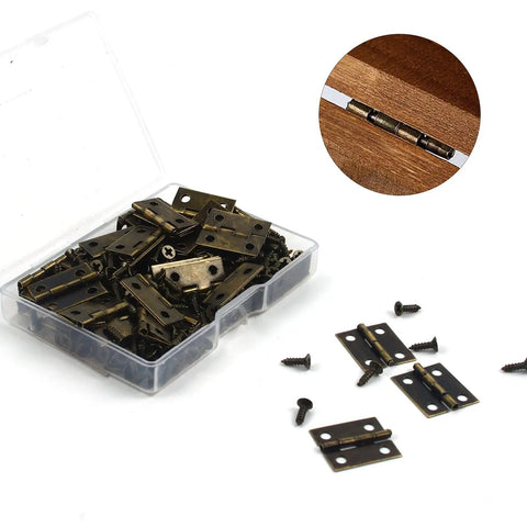 Fifty Piece Mini Bronze Butt Hinges With Two Hundred Matching Screws Top Shelf Gear For Diy Crafts Jewelry Boxes Wooden Cases And Dollhouse Builds Heavy Duty Hardware That Truly Holds Tight in a clear box.