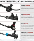 ABS wheel speed sensor front view; black plastic housing with electrical connector.
ABS wheel speed sensor side view; slim black module with mounting stud.
ABS wheel speed sensor close-up; thermoplastic body and sensor tip with mounting hole.
ABS wheel speed sensor installed; wiring harness with blue locking clip.