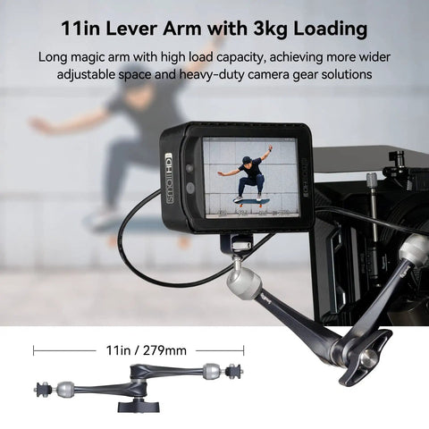 Rosette 11 Inch Magic Arm With Ball Head And Anti Twist Pins shown holding a monitor, supports up to 3kg, made from aircraft-grade aluminum.