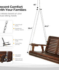 Oversized Wooden Porch Swing Bench with cup holders and phone slots, heavy duty 880 pounds capacity, hanging with chains, side view.