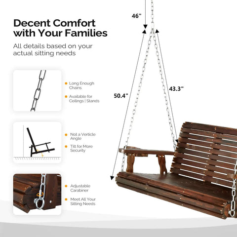 Oversized Wooden Porch Swing Bench with cup holders and phone slots, heavy duty 880 pounds capacity, hanging with chains, side view.
