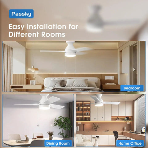 Low Profile 42 Inch Ceiling Fan With Lights Remote Control And Pull Chain Flush Mount in bedroom, dining room, home office