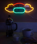Central Perk Neon Light Wall Sign 16 Inch Replica Coffee Shop LED Hanging Decor glowing on wall above coffee setup