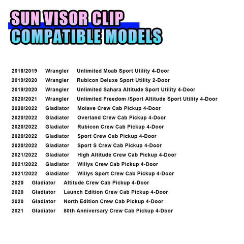 List of compatible models for Heavy Duty Car Sun Visor Repair Kit For SUVs Universal Clip Mount Aluminum Alloy Holder
