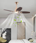Ceiling Fan with Light 45W Wireless Remote 5 Blades Iron Indoor Mount in a stylish bedroom, showing five wooden blades and ambient lighting.