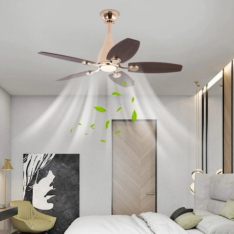 Ceiling Fan with Light 45W Wireless Remote 5 Blades Iron Indoor Mount in a stylish bedroom, showing five wooden blades and ambient lighting.