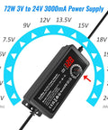 Universal AC DC Power Supply Adapter 72W Adjustable 3V To 24V Output With Voltage Display, showing voltage range and settings.