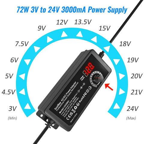 Universal AC DC Power Supply Adapter 72W Adjustable 3V To 24V Output With Voltage Display, showing voltage range and settings.