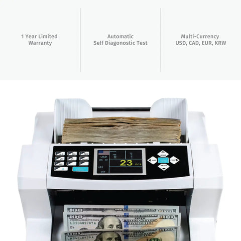 Multi Currency Money Counter With Bank Grade Counterfeit Detection UV MG IR DD Supports USD CAD EUR KRW Fast Cash Counting Up To 1,200 Bills Per Minute With A 500 Bill Hopper No Fluff Banking Or Retail Use, front view displaying currency and control panel.
