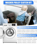 Child loading laundry next to Washer Pulley Clutch Kit With Drive Belt For Whirlpool And Maytag Top Load Washers