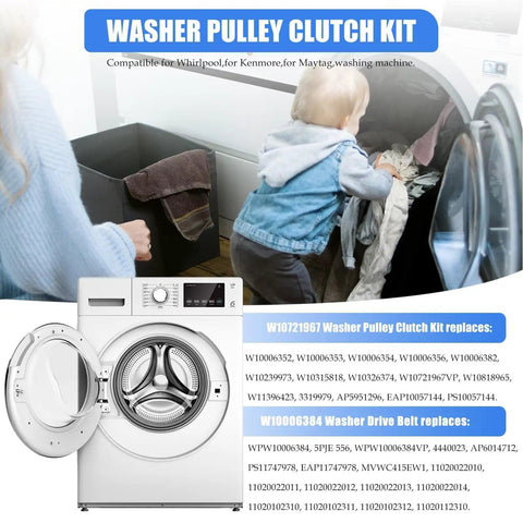 Child loading laundry next to Washer Pulley Clutch Kit With Drive Belt For Whirlpool And Maytag Top Load Washers