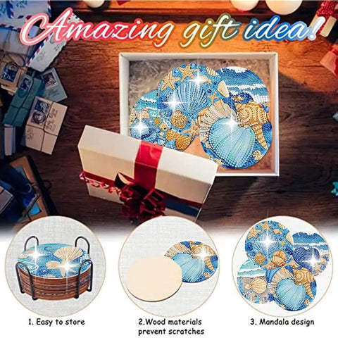 8 Piece Ocean Animals Diamond Art Coaster Kit With Holder Easy To Use DIY Diamond Painting Coasters For Beginners And Adults Includes Pen Tray Glue And Plenty Of Diamonds 4x4 Inch Craft Set on display as gift with holder