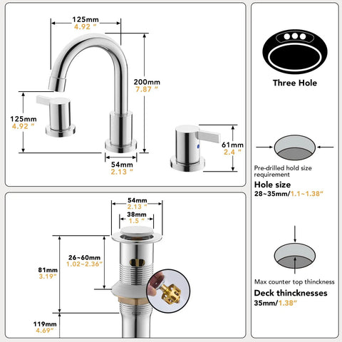 Diagram of Chrome Finish Widespread Bathroom Sink Faucet With 8 Inch Spread For 3 Hole Vanities, installation dimensions shown.