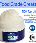 Food Grade Grease For Stand Mixer 4 Oz NSF Certified, jar with creamy texture, label showing certifications, highlighted text and icons.
