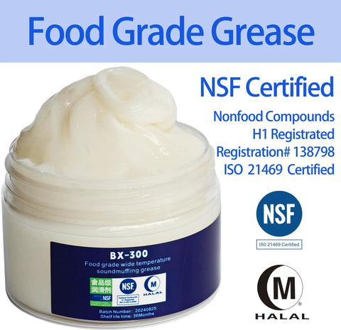 Food Grade Grease For Stand Mixer 4 Oz NSF Certified, jar with creamy texture, label showing certifications, highlighted text and icons.