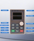 Front view of 3KW VFD Variable Frequency Drive for CNC Spindle, showing control panel with buttons and LED indicators for functions.