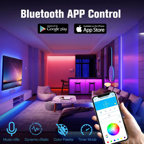 RGB LED strip lights, 130ft, for indoor rooms, with Bluetooth app control and remote
