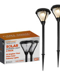Outdoor Solar Pathway Lights 2-Pack, 2 Color LEDs warm white and bright white, black rugged cast aluminum landscape lamps, shown with packaging.