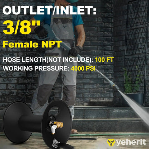 Heavy Duty Built To Last 100Ft Three Eighths Inch NPT Pressure Washer Hose Reel With Swivel Arm Steel Wall Mount Bracket 4000 PSI