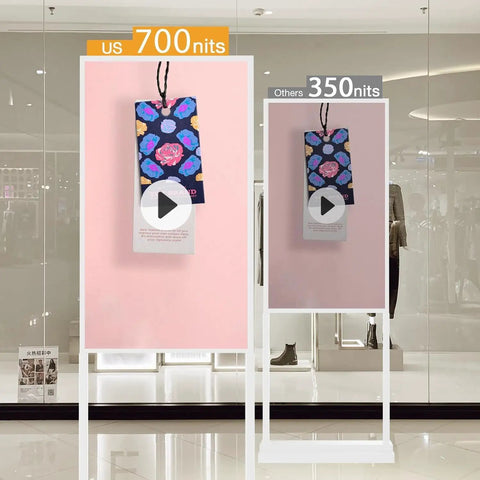 Plug And Play Ready Top Shelf 55 Inch Double Sided Digital Signage Kiosk With 4K Ultra HD Display Designed For Busy Retail Stores And Restaurants Smooth Operation Guaranteed showing brightness comparison.