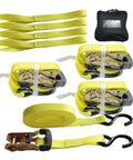 Heavy Duty Ratchet Tie Down Straps 4 Pack 1 Inch Wide By 15 Feet Long 3300 Lbs Breaking Strength Durable Polyester Webbing For ATV UTV Motorcycle And Trailer Easy Grip Buckles For Tight Securement in yellow with black hooks and carry bag