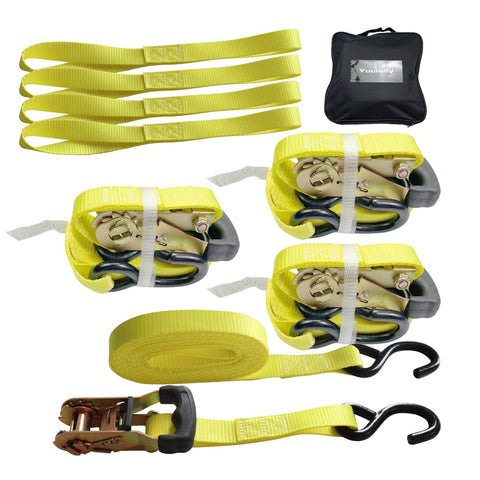 Heavy Duty Ratchet Tie Down Straps 4 Pack 1 Inch Wide By 15 Feet Long 3300 Lbs Breaking Strength Durable Polyester Webbing For ATV UTV Motorcycle And Trailer Easy Grip Buckles For Tight Securement in yellow with black hooks and carry bag