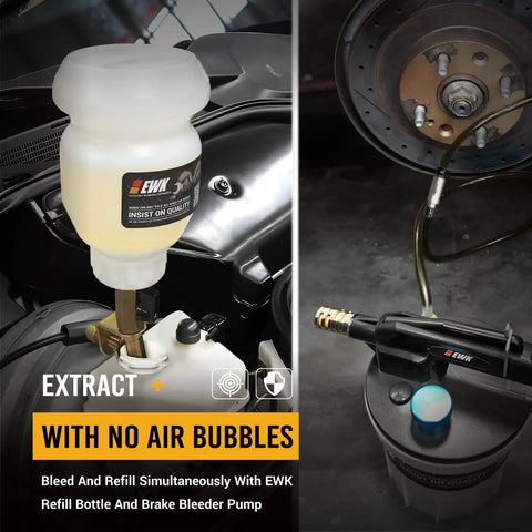 Pneumatic Brake Bleeder Kit With 2L Vacuum Pump And 1L Refilling Bottle One Person Brake Fluid Flush System in use on car brakes