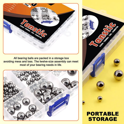 Front view of Tanstic 330-piece steel bearing ball assortment in a clear storage box with blue latch, 16 sizes 1–12 mm.