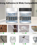 Image of two containers of 16 Oz AB Metal Epoxy Putty for fast underwater repairs, shown with compatible surfaces like wood, metal, and tile.