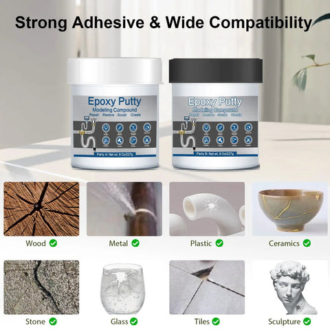 Image of two containers of 16 Oz AB Metal Epoxy Putty for fast underwater repairs, shown with compatible surfaces like wood, metal, and tile.