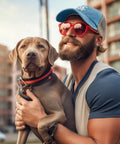 Man wearing First Coffee Then Everything Second Mens Trucker Hat for Outdoor Adventures in Lake Blue holds a dog