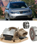 Heavy Duty Alternator Rebuild Kit With Aluminum Alloy Voltage Regulator And Replacement Brushes For Nissan Murano Quest Altima Maxima components displayed with a car in background.