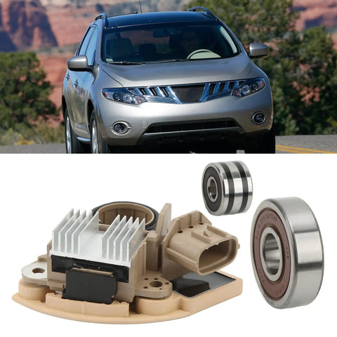 Heavy Duty Alternator Rebuild Kit With Aluminum Alloy Voltage Regulator And Replacement Brushes For Nissan Murano Quest Altima Maxima components displayed with a car in background.