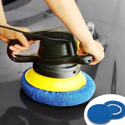 Close-up of Six Piece Blue Microfiber Buffing Pads fits Nine To Ten Inch Orbital Buffer and Polisher in use for car detailing.