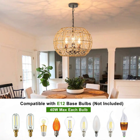 Dining room with rustic woven pendant light with hemp rope finish, coastal beachy vibe 3 light metal basket fixture on adjustable 39 inch chain