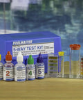 5-Way Liquid Reagent Pool Water Test Kit with solution bottles and test tubes for chlorine, bromine, pH, alkalinity, and acid demand.