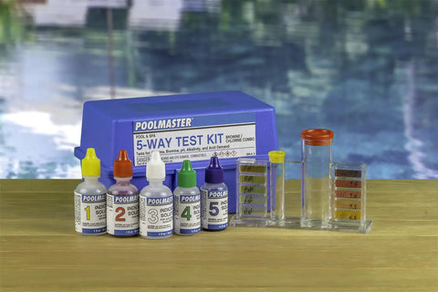 5-Way Liquid Reagent Pool Water Test Kit with solution bottles and test tubes for chlorine, bromine, pH, alkalinity, and acid demand.