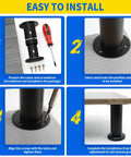 Installation steps for Heavy Duty Adjustable Cabinet Legs With Swivel Base Leveling Kit, showcasing tools and leg alignment.
