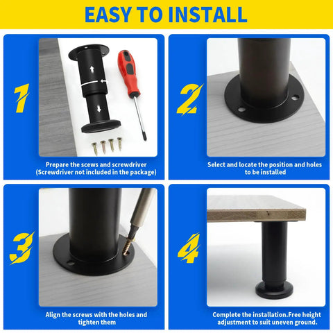 Installation steps for Heavy Duty Adjustable Cabinet Legs With Swivel Base Leveling Kit, showcasing tools and leg alignment.