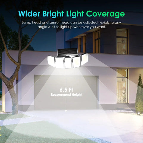 Solar Outdoor Flood Lights With Motion Sensor And Dusk To Dawn Waterproof 300 LED Spotlights illuminating house exterior