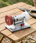 Sick Smooth Mini Bench Grinder Stainless Steel Electric Desktop Belt Sander With No Sweat Knife Sharpening And Fast Blade Restoration Slick Plug Play Garage Essential on wooden table.