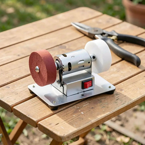 Sick Smooth Mini Bench Grinder Stainless Steel Electric Desktop Belt Sander With No Sweat Knife Sharpening And Fast Blade Restoration Slick Plug Play Garage Essential on wooden table.
