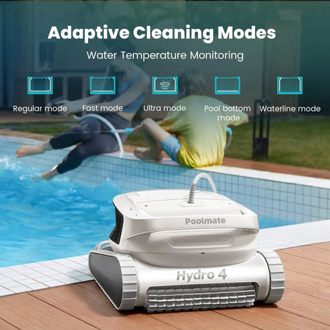 Hydro 4 Inground Pool Vacuum Cleaner With 50ft Corded Cable beside pool, highlighting adaptive cleaning modes
