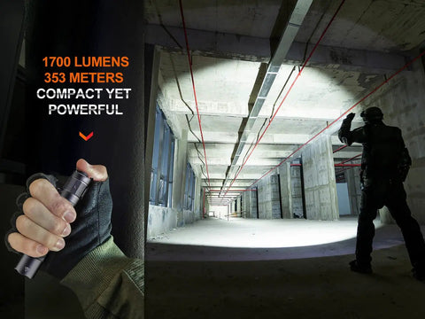 Beast Mode Tactical Flashlight With USB C Rechargeable Battery 1700 Lumens Beam That Reaches Up To 386 Yards illuminating a hallway