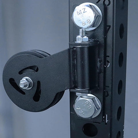 Close-up of Heavy Duty Gym Cable Pulley With Detachable Rotation And Quiet Swivel Durable Fitness Pulley Attachment mounted on frame