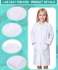 Child wearing white lab coat, 12 Pack Unisex Kids Lab Coats White Doctor Scrubs Size M Bulk Soft Kids Scientist Costume For Boys And Girls Perfect For School Play And Halloween Party Supplies, detail view of buttons and collar.