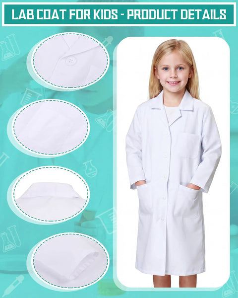 Child wearing white lab coat, 12 Pack Unisex Kids Lab Coats White Doctor Scrubs Size M Bulk Soft Kids Scientist Costume For Boys And Girls Perfect For School Play And Halloween Party Supplies, detail view of buttons and collar.